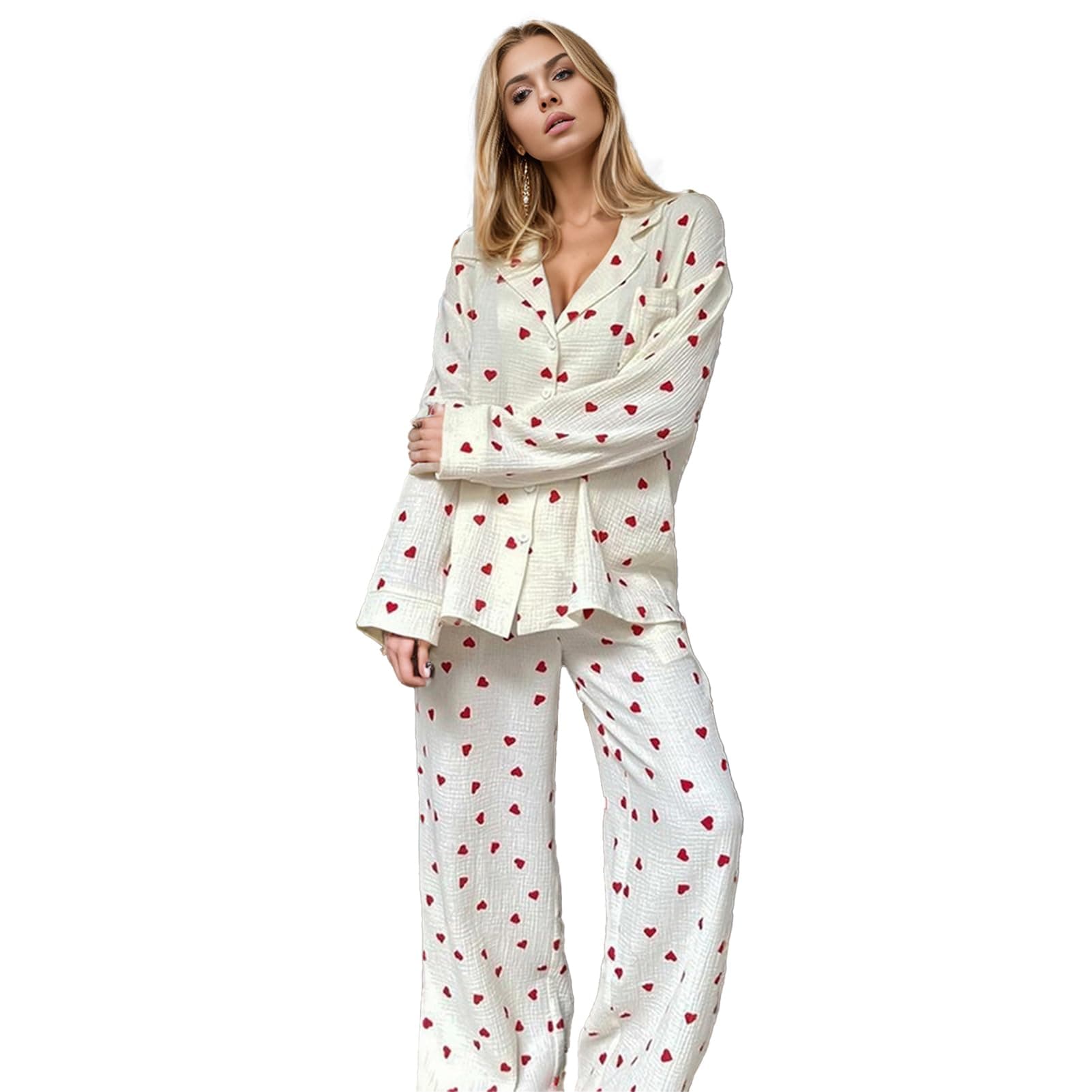 JATEFT Women's Cotton Pajama Set with Cute Heart Print, Cozy Long Sleeve and Long Pants, 2-Piece Sleepwear Kit (Large) Red - Image 1