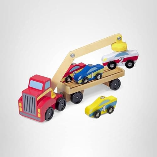 Melissa & Doug Magnetic Car Loader Wooden Toy Set with 4 Cars and 1 Semi-Trailer Truck Crane Wooden Toy, Vehicle Toys for Kids Ages 3+ thumbnail 10