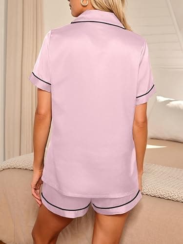LILLUSORY Silk Satin Pajama Set for Women 2 Piece Lounge Pjs Winter Matching Summer Sleepwear Button Down Shirt Shorts thumbnail 4