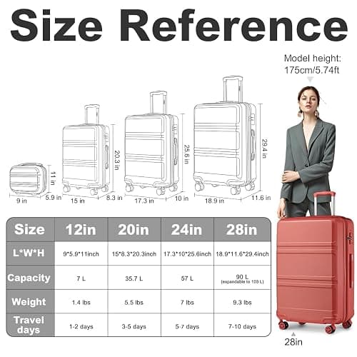 Kono 4 Piece Luggage Sets Expandable(only 28") Lightweight with Spinner Wheels TSA Lock Hardside Travel Rolling Suitcases 20in 24in 28in Carry on and 12in Mini Cosmetic Case Coral Pink thumbnail 3