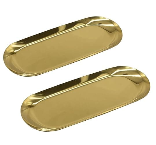 9 Inch x 3.8 Inch Trinket Tray Gold Oval Stainless Steel Small Serving Trays Towel Storage Plate Tea Fruit Trays Jewelry Plate Decorative Storage Tray (2 Gold, Medium) - Image 1