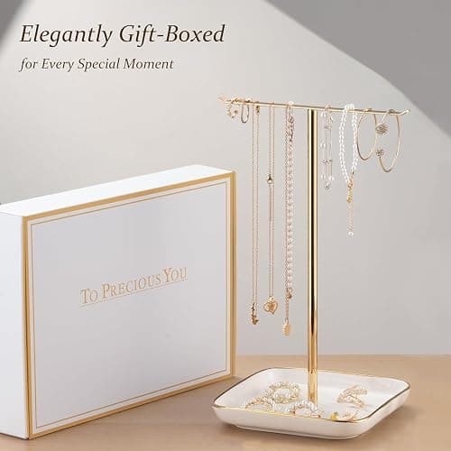 Jewelry Holder Stand with Ceramic Base: 12" Tall Necklace Organizer Rack, Tree Design Display Storage for Necklaces, Bracelets, Rings, Earrings, Aesthetic Room Décor for Girls and Women, Gold thumbnail 5