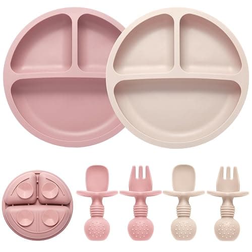 Eascrozn Silicone Feeding Set, 2 Pack Divided Toddler Plates with Suction, 2 Pack Utensils - Spoons & Forks, BPA Free, Baby Led Weaning Supplies - Image 1