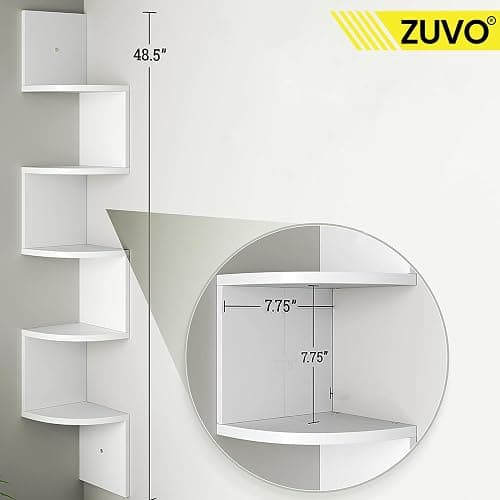 Zuvo White Corner Shelf 5-Tier - Floating Corner Shelves Wall Mounted | Zigzag Bookshelf for Bedroom, Living Room, Office | 20×20×127.5cm - Space-Saving Wall Shelf thumbnail 3