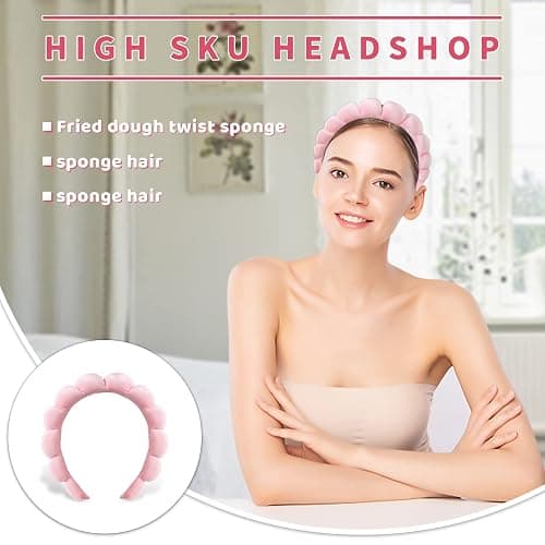 Ycfish Puffy Makeup Headband Spa Headbands for Women Sponge & Terry Towel Cloth Fabric Cute Skincare Headband for Face Washing, Makeup Removal, Shower, Facial Mask (Pink) thumbnail 2