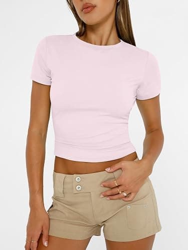 AUTOMET Women's Crew Neck Short Sleeve Basic Stretchy Tight Fitted T-Shirt thumbnail 2