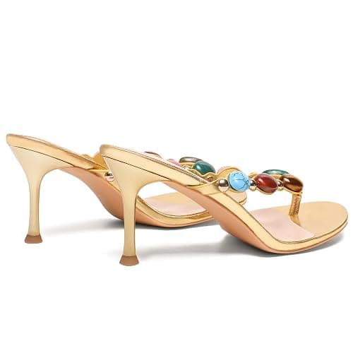 Oakmoo Women's Jeweled Thong Strappy Sandal Summer Mules Kitten Heels Flip Flop Round Open Toe Mid Heels Fashion Wedding Party Dress Thong Casual Shoes thumbnail 5