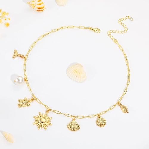Lydow Charm Necklace for Women, 14K Gold Plated Shell Sun Starfish Summer Beach Necklace 16+3" Paperclip Chain Jewelry Gifts thumbnail 6