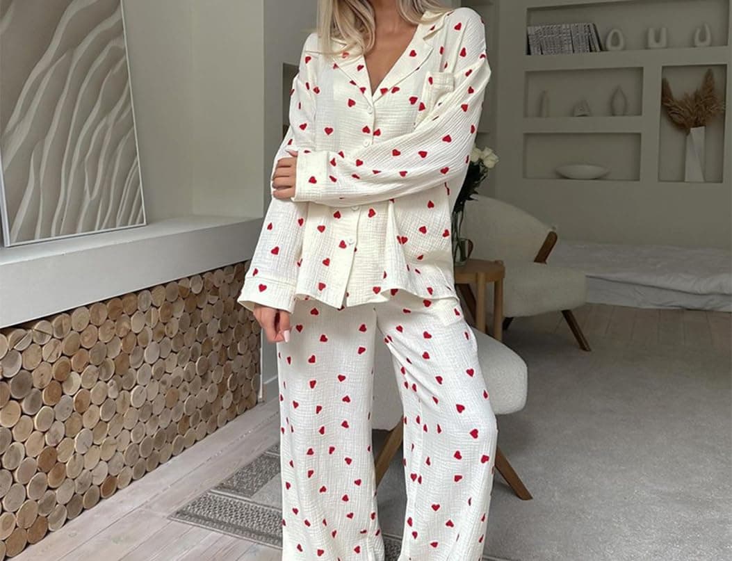 JATEFT Women's Cotton Pajama Set with Cute Heart Print, Cozy Long Sleeve and Long Pants, 2-Piece Sleepwear Kit (Large) Red thumbnail 2