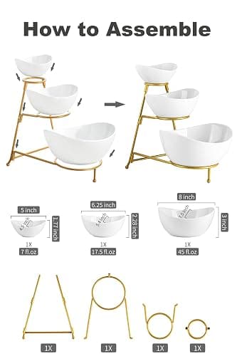 LAUCHUH 3 Tier Serving Stand Serving Dishes for Entertaining Porcelain Oval Bowl Set Tiered Serving Tray for Fruit, Vegetable, Nuts, Salad, Chip Dip Bowl Set for Father's Day, Gold thumbnail 3