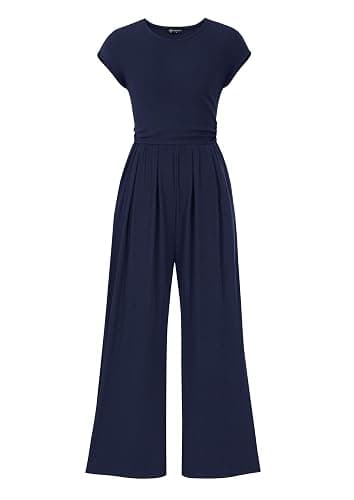 PRETTYGARDEN Summer Jumpsuits for Women Dressy Casual | Soft Ribbed Fabric, Crewneck Cap Sleeve, Back Zipper, Pockets, Wide Leg Pants Rompers, One Piece Outfits, Work Office Clothes - Image 1