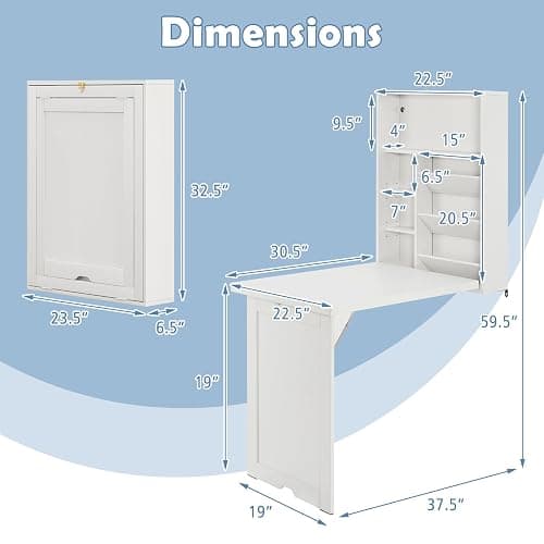 Tangkula Foldable Wall Mounted Desk, Floating Table with Storage Shelves & Hooks, Space-Saving Fold-Up Murphy Desk for Small Spaces, Home Office, Dorm Room thumbnail 3