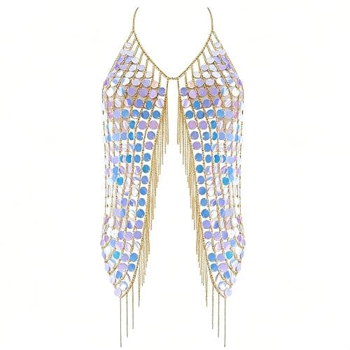 Sequin Body Chain Vest - Iridescent Tassel Jewelry Top for Music Festival, Rave Outfits & Summer Beach Party Layering Accessories,One Size - Image 1
