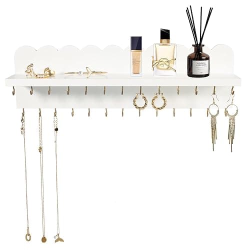 Lampaggio Wall Mount Jewelry Organizer with 26 Hooks and Cosmetics Shelf, Modern Wood Hanging Jewelry Holder for Necklaces, Bracelets, Earrings and Rings, White thumbnail 6