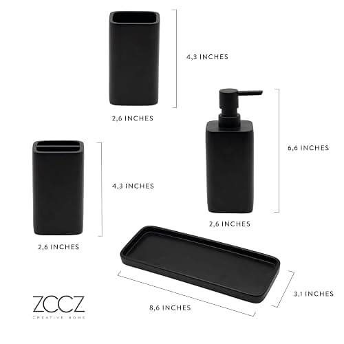 ZCCZ Matte Black Bathroom Accessory Sets, 4 Pieces Bathroom Accessories Complete Set Vanity Countertop Accessory Set, Includes Lotion Dispenser Soap Pump, Tumbler, Toothbrush Holder and Tray - Matte Black thumbnail 2