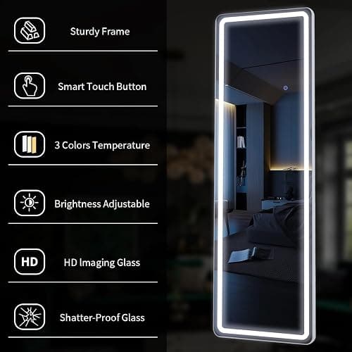Simple Deluxe Full Length Mirror with LED Lights, 60"x16"Floor Mirror with Dimming & 3 Color Lighting, Free Standing Floor Mirrors, Lighted Full Body Mirrors for Bedroom, Dressing Room, Cloakroom thumbnail 4