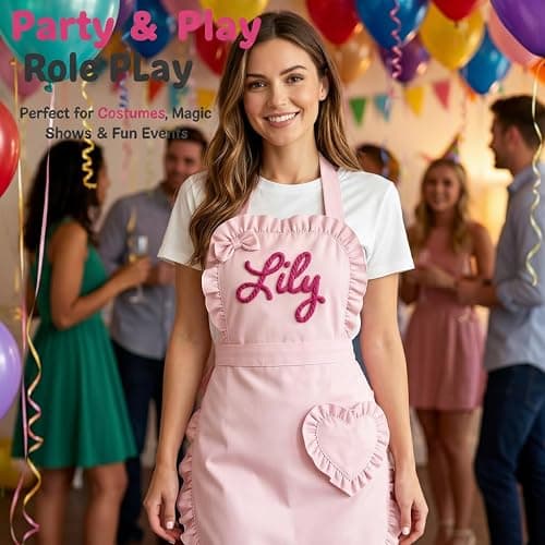 Varedia Custom Aprons for Women with String Embroidery Name and Heart-Shaped Pouch Personalized Pink Aprons for Kitchen, BBQ thumbnail 8