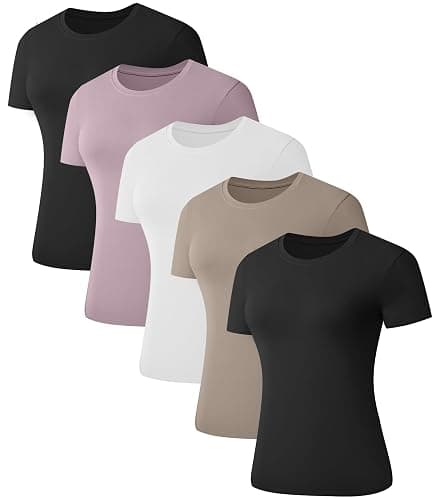Kinglaman 5 Pack Women's Short Sleeve Basic T Shirts Tees, Slim Fit Crew Neck Tshirt Summer Tops for Casual Workout Trendy - Image 1