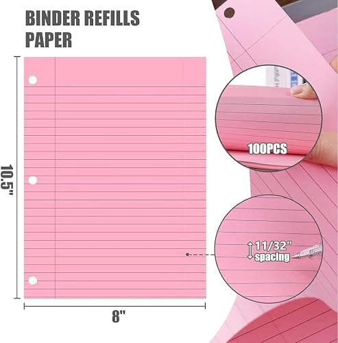 HIBOX Pink Loose Leaf Paper, Pink 100 Sheets 8"x10.5" Wide Ruled Filler Lined Notebook Paper, 3-Hole Punched for 3-Ring Binders Notebook, School & College, Women Girls Writing Work Meeting Note Taking thumbnail 2