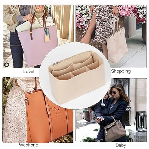 QOOWFEANIG Organizer Insert for Tote - Softened Felt Purse Insert Storage Container, Makeup Organizer, Inner Rubber Beach Liner for Speedy, Handbag thumbnail 7