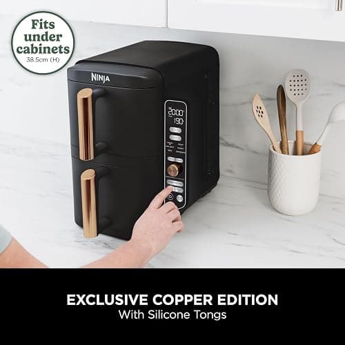 Ninja Double Stack XL Air Fryer, Vertical Dual Drawer Air Fryer with 4 cooking levels, 2 Drawers & 2 Racks, Space Saving Design, 9.5L Capacity, 6 Functions, 8 Portions, Tongs, Black/Copper SL400UKCP thumbnail 3