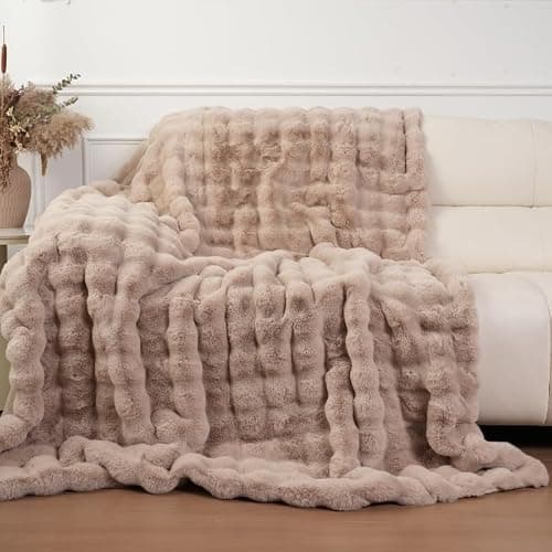 Super Comfort Oversized Warm Thick Bubble Luxury Plush Rabbit Faux Fur Throw Blanket, Fluffy Blanket,Soft Cozy Blanket for Couch Chair Bed Sofa Living Room (Wheat, 60inX80in) thumbnail 7
