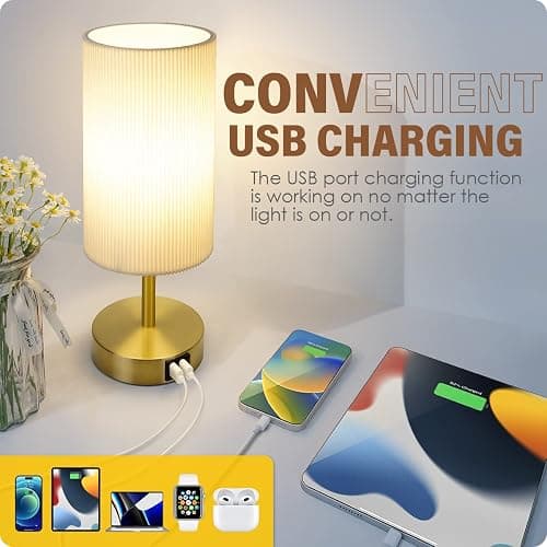Bedside Lamp with USB port - Touch Control Table Lamp for Bedroom Wood 3 Way Dimmable Nightstand Lamp with Round Pleated Shade for Living Room, Dorm, Home Office (LED Bulb Included) (Pleated) thumbnail 3