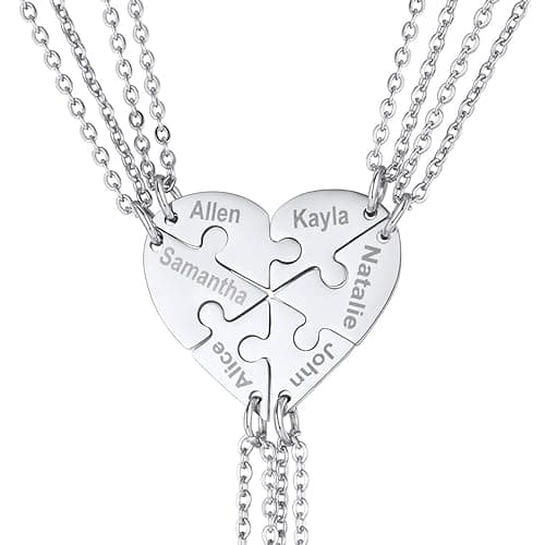 U7 BFF Necklace for 2/3/4/5/6 Women Girls Stainless Steel Personalized Family/Sibling/Friendship Jewelry Set Custom Best Friend Name Engrave Heart Puzzle Matching Pendant Necklaces - Heart Set of 6-Stainless-Customized