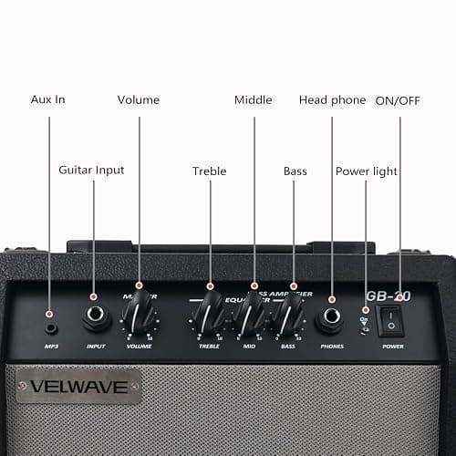 Electric bass Guitar Amplifier 20W Portable Practice amp Black Color Quality Workmanship mp3 6.5'' inch Speaker Input Treble Middle bass Volume Headphone Jack Easy Control Plate thumbnail 2