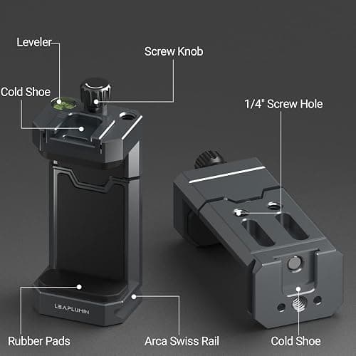 Leaplumin Aluminum Phone Mount for Tripod, Adjustable Phone Tripod Mount with Cold Shoe & Arca Swiss Quick Release Plate,Universal Adjustable Clamp Suitable for iPhone 14 pro/13 Pro/12/11/Samsung thumbnail 2