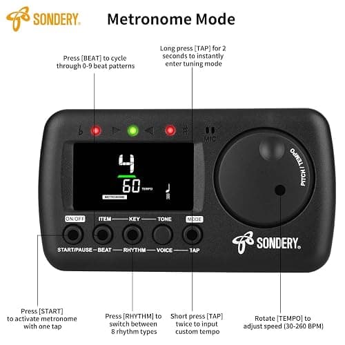Sondery 3 in 1 Digital Metronome Tuner for All Instruments, Rechargeable Metronome with Tap Tempo, Chromatic Tuner Tone Generator for Guitar, Bass, Violin, Clarinet, Piano, Trumpet, Flute thumbnail 2
