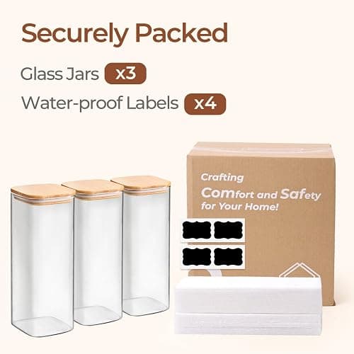 ComSaf Glass Storage Containers with Lids 1.9 Qt, Set of 3 Food Storage Jar | Pantry Storage Containers, Glass Jar, Square Canisters, Bamboo Lid with Silicone Seal, Cookie, Cereal, Coffee, Oats, BPA Free thumbnail 8