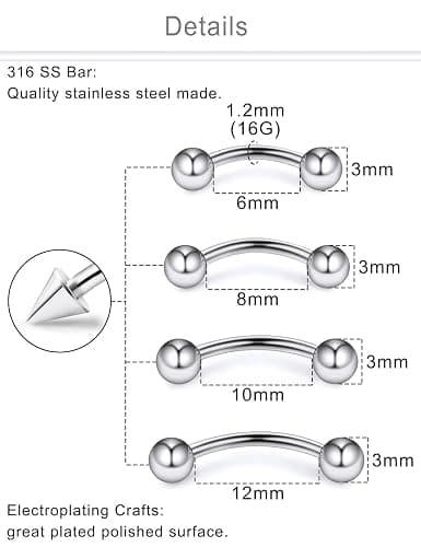 Dyknasz Eyebrow Piercing Jewelry Surgical Steel Curved Barbell Tiny Eyebrow Ring Vertical Labret Lip Jewelry Ear Rook Navel Small Belly Button Ring for Women Men 20g 16g 6mm/8mm/10mm/12mm thumbnail 5