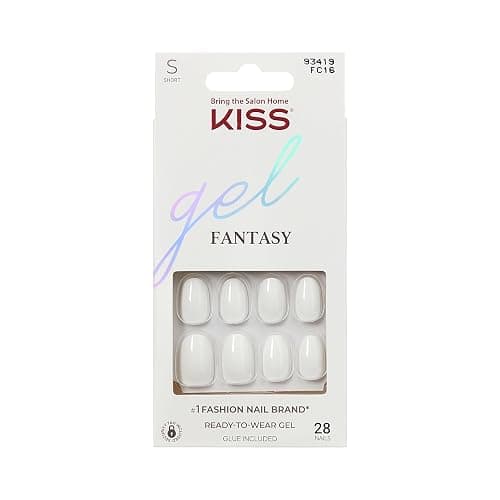 KISS Gel Fantasy, Press On Nails, Nail glue included, 'Happy Hands', White, Short Size, Oval Shape, Includes 28 Nails, 2g glue, 1 Manicure Stick, 1 Mini File - Image 1