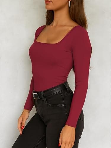 ForeFair Women Square Neck Long Sleeve Going Out Tops Tight Double Lined Basic Tees Shirt thumbnail 3