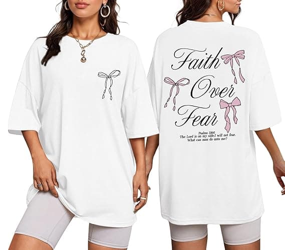 Pairxily Faith Over Fear Shirt Oversized Christian Cute Bow Shirts for Women Bible Verse Religious Tshirts Coquette Tops - White - Small