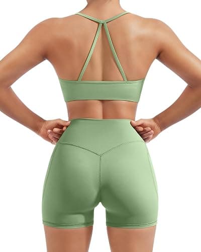 SUUKSESS Women 2 Piece Workout Sets Padded Halter Sports Bras High Waisted Biker Shorts with Pockets thumbnail 2