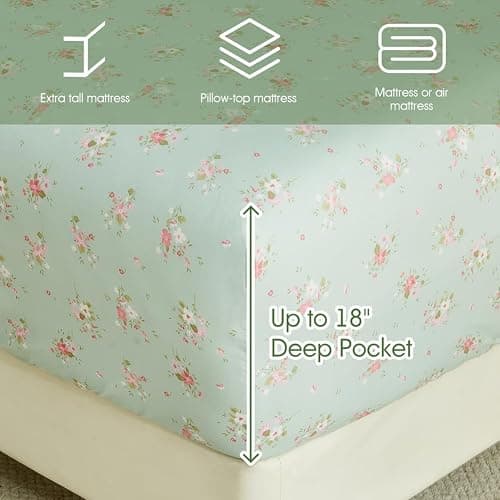 HYPREST Mint Floral Sheets Queen Size, Deep Pocket Sheets Soft Breathable Farmhouse 4pcs Bed Sheet Sets thumbnail 7