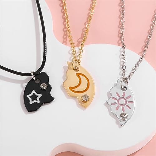 3pcs Friendship Moon Sun Star Puzzle Matching Necklace Set Gold Silver Plated Cute Crescent Round Circle Geometric Best Friend BFF Pendant Necklace for 3 Women Sisters Daughter Birthday Jewelry Gifts thumbnail 3