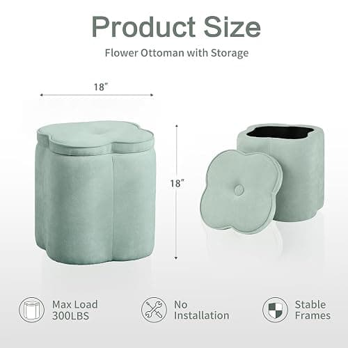 Crestview Collection Foot Rest Ottoman with Storage,Sage Green Chenille Fabric Flower Ottoman for Living Room, Vanity Stool for Bedroom,Floor Pouf for Home Decor,Seafoam Green,18 inches thumbnail 2