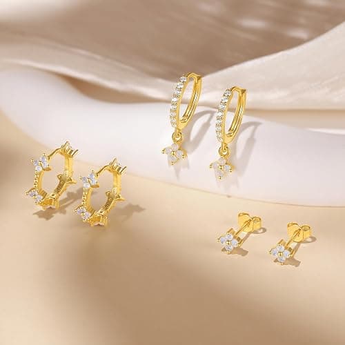 QUINBY Dainty Opal Earrings Dangle Hoop Earrings For Women,Hypoallergenic Earring Sets For Multiple Piercing,14k Gold Plated Earring Stacks For Sensitive Ears - Golden thumbnail 6
