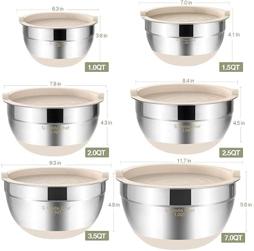 Umite Chef Mixing Bowls with Airtight Lids, 6 piece Stainless Steel Metal Nesting Storage Bowls, Non-Slip Bottoms Size 7, 3.5, 2.5, 2.0,1.5, 1QT, Great for Mixing & Serving (Khaki) thumbnail 2