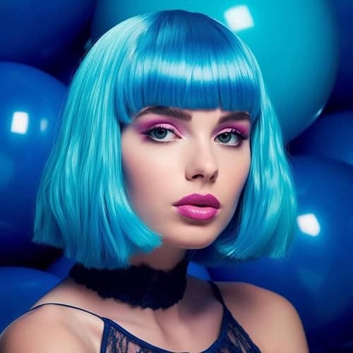 LIULIUBTY Short Bob Hair Wigs Straight with Flat Bangs Synthetic Colorful Cosplay Daily Party Neon Wig for Women with Wig Cap 12" Natural As Real (Teal Blue) thumbnail 4