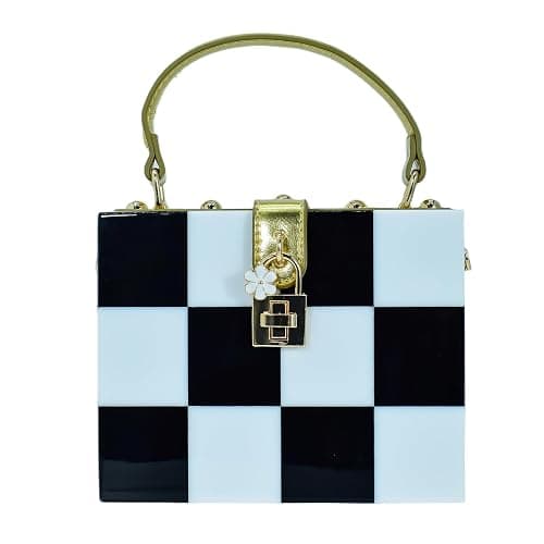 Black White Checkerboard Acrylic Clutch Purse Bag Women Box Evening Bags Acrylic Chain Crossbody Handbag(Stitching) - Image 1
