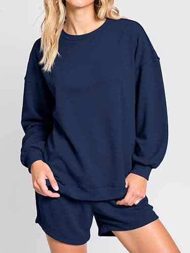 Tankaneo Womens Oversized 2 Piece Outfits Sweatsuit Casual Long Sleeve Crewneck Sweatshirts Sweat Shorts Fall Lounge Sets thumbnail 2