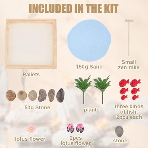 WEBEEDY Japanese Zen Garden Kit for Desk, Lotus Fish Pond Mini Sandbox Zen Sand Garden Desktop Meditation Accessories Gift for for Adult Home Room Office Decor,5.9 Inch/15 cm Round Tray thumbnail 4