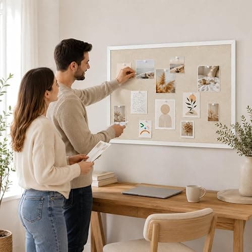 11"x14" White Framed Natural Wood Tone Bulletin Board, Pin Board | Linen corkboard texture. Premium cork boards for walls and pin board office organizer. thumbnail 2