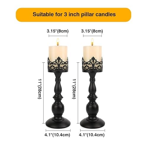 Candle Holders for Pillar Candles Gothic Matte Black Vintage Tall Candle Holders Set of 2 Decorative Large Table Centerpieces Candle Stand Decor (Black 2PCS A) thumbnail 3