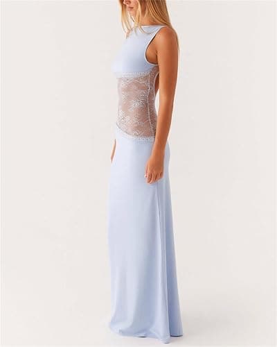 Women Sexy Hollow Out Maxi Dress Sleeveless Backless Lace Pachwork Bodycon Long Dress Y2k Going Out Party thumbnail 4