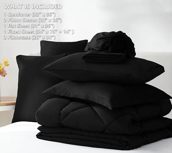 CozyLux Full Size Comforter Sets Black - 7 Pieces Bed in a Bag Full, Luxury Soft Bed Set for All Seasons, Bedding Set with Down Alternative Comforter, Sheets, Pillowcases & Shams thumbnail 6